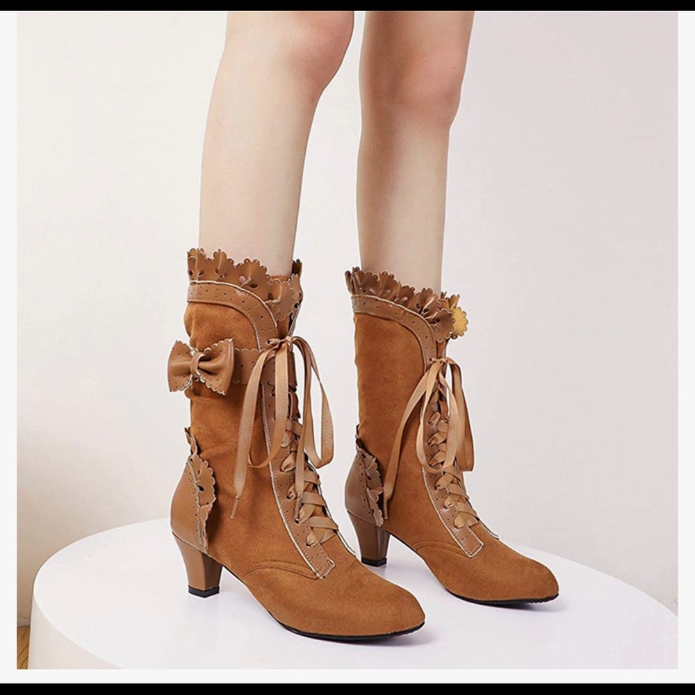 AbbyAnne Women Sweet Bow Boots Mid Heels Lace Up Victorian boots